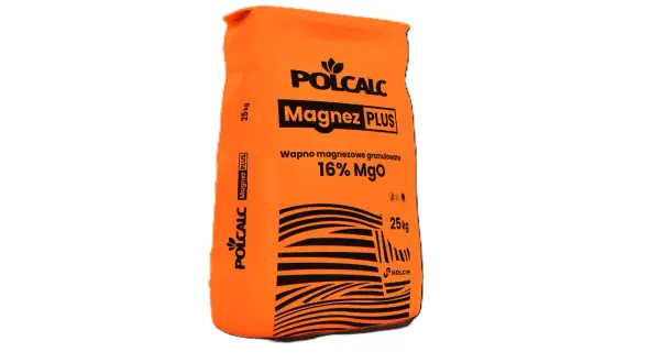 Pomarańczowy worek z napisem "POLCALC Magnez PLUS" zawiera wapno magnezowe granulowane 16% MgO, 25kg.