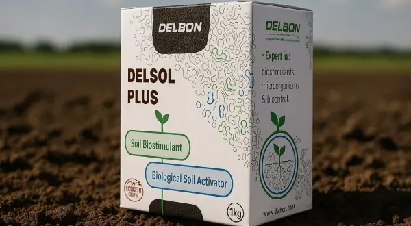Opakowanie Delsol Plus, biostymulatora gleby z mikroorganizmami, zawiera m.in. fosforan. Idealny dla zdrowej gleby.