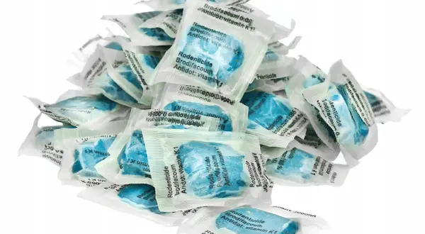 Stos skutecznej trutki na karczownika. Każda porcja w indywidualnym opakowaniu z napisem "Rodenticide Brodifacoum Antidot: vitamin K1".