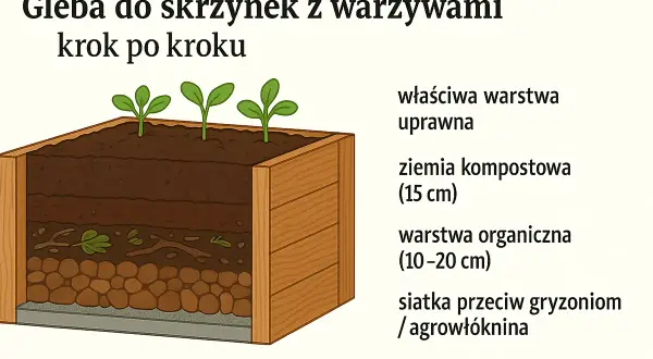 Warzywniak w skrzyniach z warstwami gleby: ziemia kompostowa, warstwa organiczna i siatka. Idealny do uprawy warzyw.