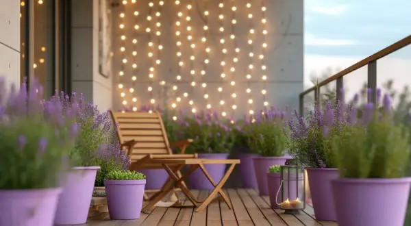 Uroczy balkon z lawendą przed domem, ozdobiony girlandą światełek. Drewniane meble i lampion tworzą przytulną atmosferę.
