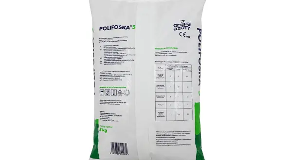 Opakowanie nawozu POLIFOSKA 5, zawierające informacje o jego składzie i sposobie stosowania. Worek o masie 5 kg.
