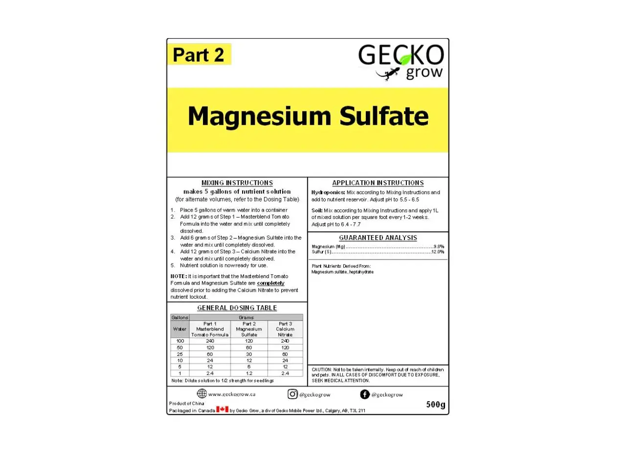 Instrukcja przygotowania roztworu z siarczanem magnezu siedmiowodnym. Produkt Gecko Grow.