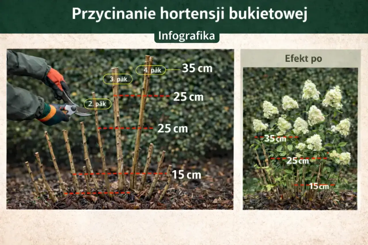 Przycinanie hortensji krzewiastej: instrukcja krok po kroku z zaznaczonymi pąkami i wymiarami cięcia. Po lewej przycinanie, po prawej efekt.