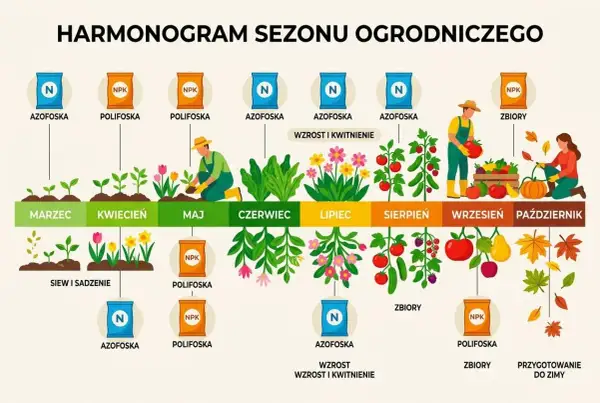 Harmonogram sezonu ogrodniczego: od marca do października, z zastosowaniem nawozów Azofoska i Polifoska dla wzrostu i zbiorów.